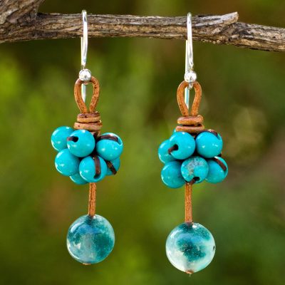 Calcite and quartz dangle earrings, 'Cluster of Kisses' - Handcrafted Calcite and Quartz Dangle Earrings with Leather