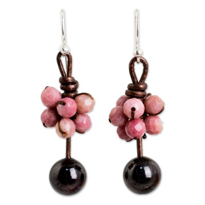 Rhodonite and garnet dangle earrings, 'Cluster of Kisses' - Rhodonite and Garnet Handcrafted Earrings with Leather