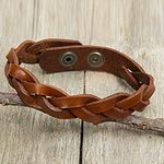 Men's Leather Braided Wristband Bracelet in Caramel Brown, 'Caramel Rope'