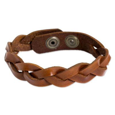 Men's braided leather bracelet, 'Caramel Rope' - Men's Leather Braided Wristband Bracelet in Caramel Brown