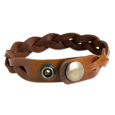 Men's Leather Braided Wristband Bracelet in Caramel Brown - Caramel Rope