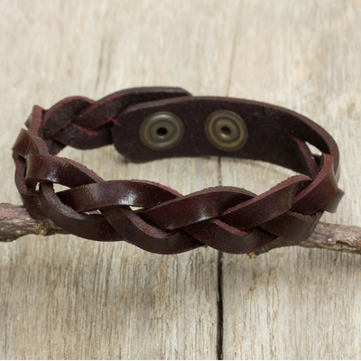 Men's braided leather bracelet, 'Cordovan Rope' - Artisan Crafted Braided Leather Wristband Bracelet for Men