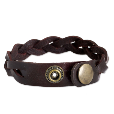 Men's braided leather bracelet, 'Cordovan Rope' - Artisan Crafted Braided Leather Wristband Bracelet for Men