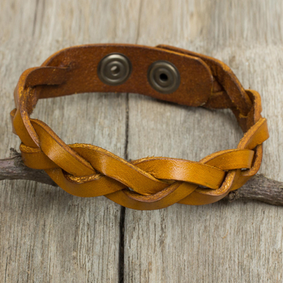 Men's braided leather bracelet, 'Honey Rope' - Men's jewellery Braided Leather Wristband Bracelet