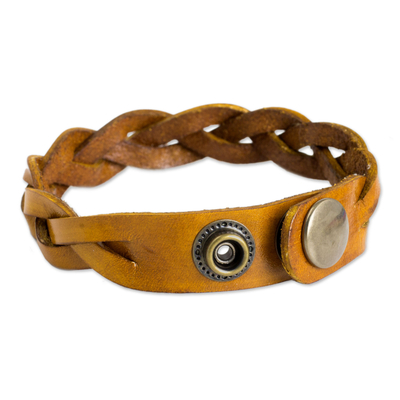 Men's braided leather bracelet, 'Honey Rope' - Men's Jewelry Braided Leather Wristband Bracelet