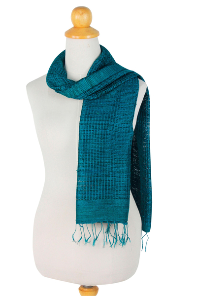 Silk scarf, 'Appealingly Teal' - Blue-Green Raw Silk Scarf Handmade in Thailand