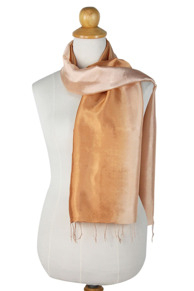 Rayon and silk blend scarf, 'Caramel Shimmer' - Silky Rayon Blend Scarf for Women Crafted in Thailand