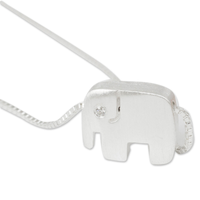 Sterling silver pendant necklace, 'Elephants Forever' - Brushed Sterling Silver and CZ Elephant Pendant Necklace