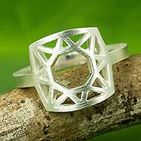 Anillo de cóctel de plata de ley, 'Starlight Geometry' - Anillo de cóctel de plata de ley tailandés moderno hecho a mano