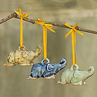 Celadon ceramic ornaments, 'Siam Elephant Trio' (set of 3)