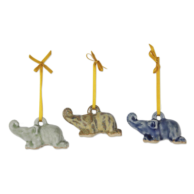 Celadon-Keramik-Ornamente, 'Siam-Elefanten-Trio' (3er-Satz) - Elefanten-Ornamente aus Celadon-Keramik in 3 Farben (3er-Satz)