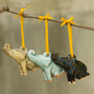 Celadon ceramic ornaments, 'Holiday Elephants' (set of 3) - Artisan Crafted Ornaments in Celadon Ceramic (Set of 3)