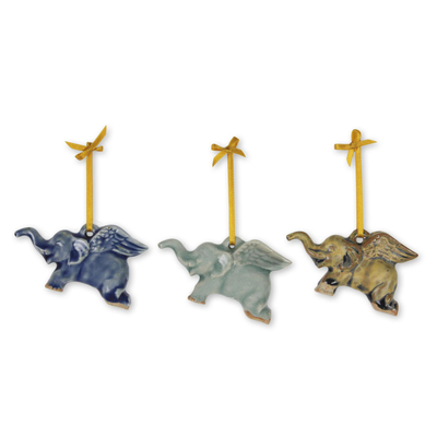 Celadon ceramic ornaments, 'Flying Elephants' (set of 3) - Hand Crafted Ornaments in Celadon Ceramic (Set of 3)