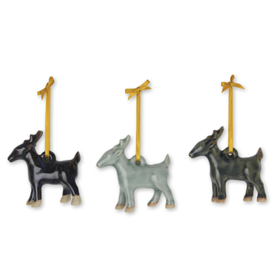 Celadon ceramic ornaments, 'Holiday Deer' (set of 3) - Celadon Ceramic Deer Ornaments in Blue and Brown (Set of 3)