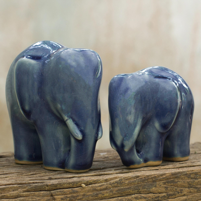 NOVICA Handmade Round Elephants in Blue Ceramic Salt and Pepper Shakers (Pair) - 2 Piece