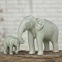 UNICEF Market | Pair of Celadon Ceramic Elephant Sculptures - Elephant Play