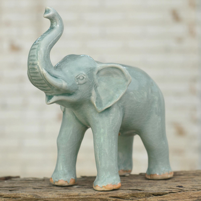 Celadon ceramic statuette, 'Happy Lucky Elephant' - Light Blue Elephant Celadon Ceramic Statuette