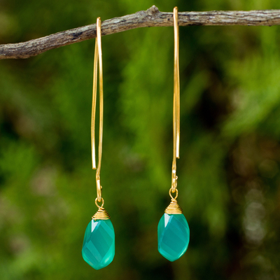 Gold vermeil chalcedony dangle earrings, 'In a Twist' - Spiral Faceted Green Chalcedony Dangle Earrings
