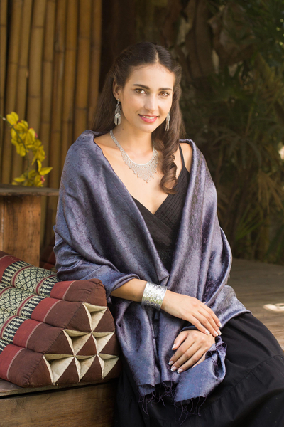 Rayon and silk blend shawl, 'Mandarin Storm' - Blue Grey Jacquard Floral Shawl in Rayon and Silk
