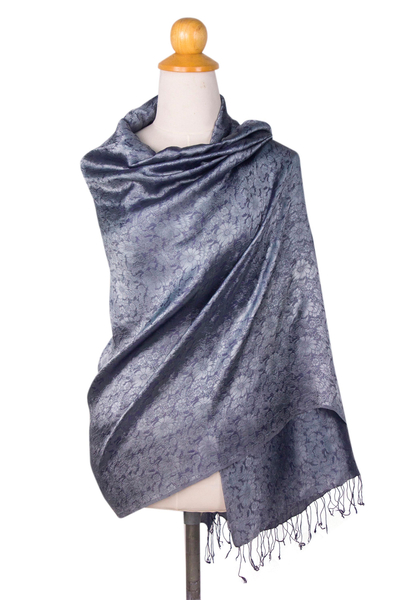 Rayon and silk blend shawl, 'Mandarin Storm' - Blue Grey Jacquard Floral Shawl in Rayon and Silk