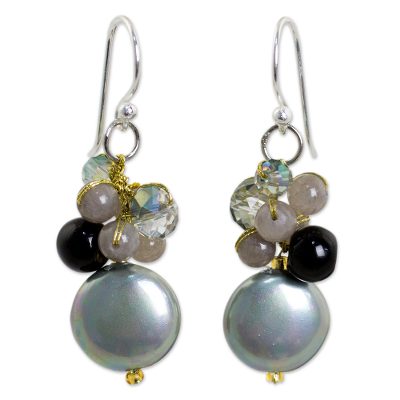 Beaded Glass and Quartz Dangle Earrings with Faux Pearl