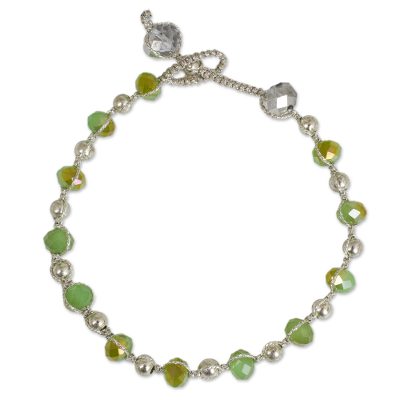 Beaded Bracelet with Green Glass and Silver Plated Beads