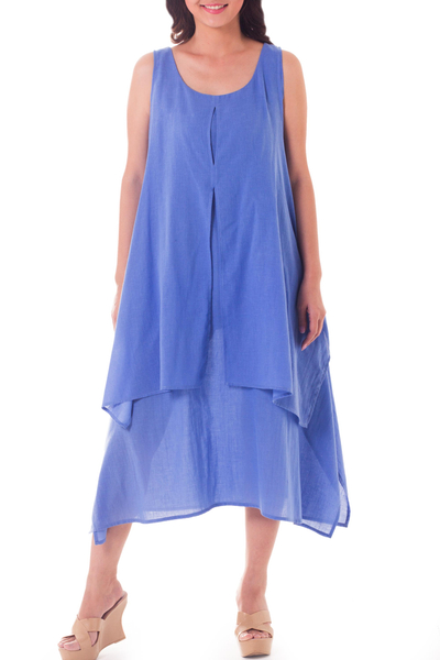 Cotton sundress, 'Blue Chic' - Blue Layered Cotton Sundress Sleeveless Thai Fashion