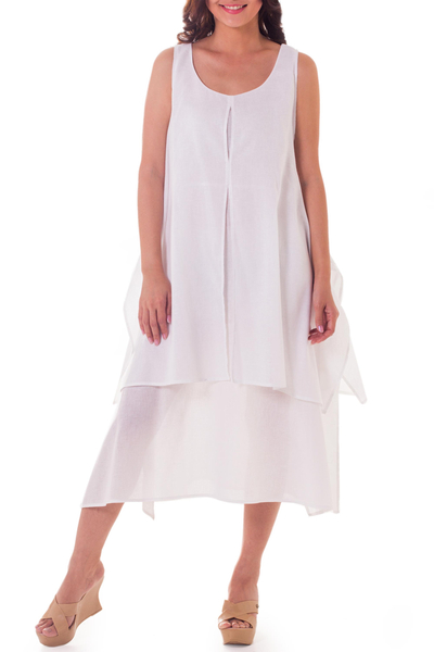 Vestido de algodón - Vestido veraniego de algodón en blanco versátil a capas y semitransparente