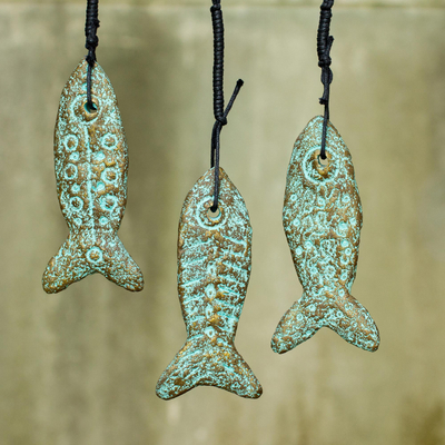 Recycled paper ornaments, 'Happiness Fish' (set of 3) - Handmade Recycled Paper Fish Buddhism Ornaments (Set of 3)