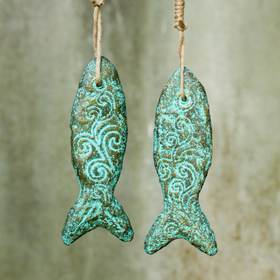 Recycled paper ornaments, 'Happiness Fish' (pair) - Buddhism Fish Ornament Handmade Recycled Paper (Pair)