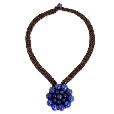 Lapis lazuli flower pendant necklace, 'Made to Bloom' - Hand Crocheted Necklace with Lapis Lazuli Pendant