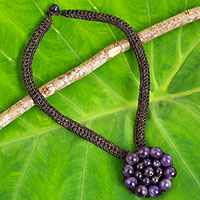 Amethyst flower pendant necklace, 'Made to Bloom' - Flower Motif Crocheted Cord Necklace with Amethyst Beads