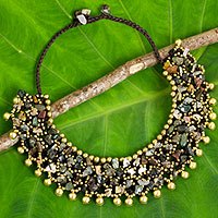 Jasper beaded collar necklace, 'Joyful Noise' - Handmade Beaded Jasper and Brass Necklace with Bells