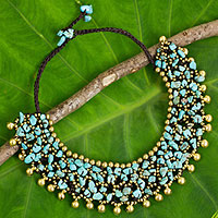 Calcite beaded collar necklace, 'Joyful Noise' - Collar Style Necklace with Blue Calcite and Brass Beads