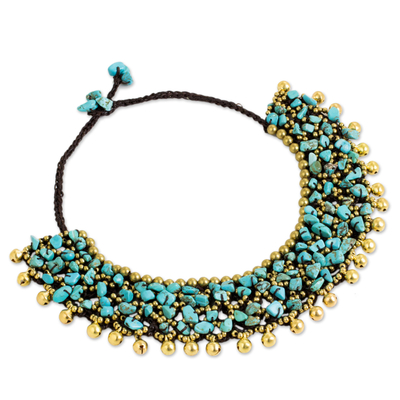 Calcite beaded collar necklace, 'Joyful Noise' - Collar Style Necklace with Blue Calcite and Brass Beads