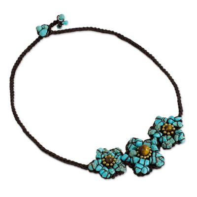 Calcite and tiger's eye flower necklace, 'Bearing Blossoms' - Turquoise Colored Calcite and Tiger's Eye Flower Necklace