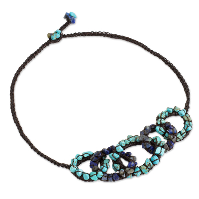 Lapis lazuli and calcite necklace, 'Chain Reaction' - Fair Trade Crocheted Cord Necklace with Lapis Lazuli