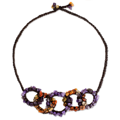 Amethyst and carnelian necklace, 'Chain Reaction' - Amethyst and Carnelian Gemstone Necklace on Brown Cords