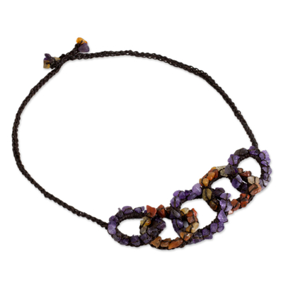 Collar de amatista y cornalina - Collar de piedras preciosas de amatista y cornalina en cordones marrones