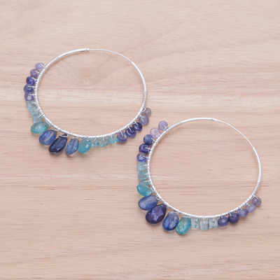 Multi-gemstone hoop earrings, 'Following Sea' - Continuous Hoop Earrings in Silver with Blue Gemstones