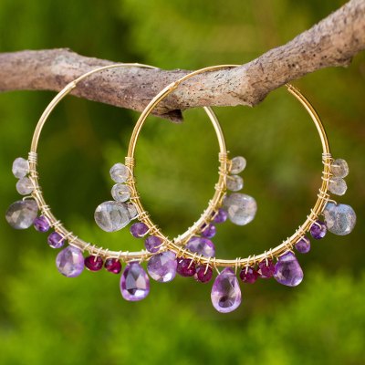 Multi-gemstone gold vermeil hoop earrings, 'Lilac Serenade' - Continuous Hoop Earrings in Gold Vermeil with Gemstones