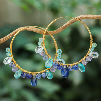 Multi-gemstone gold vermeil hoop earrings, 'Azure Serenade' - Gold Plated Silver Hoop Earrings with Sapphire and Tanzanite