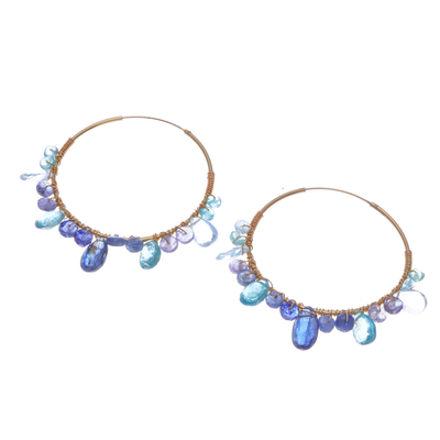 Multi-gemstone gold vermeil hoop earrings, 'Azure Serenade' - Gold Plated Silver Hoop Earrings with Gemstones
