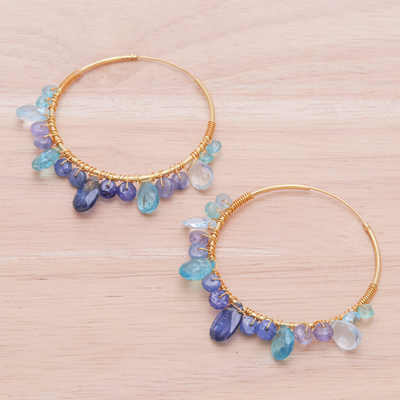 Multi-gemstone gold vermeil hoop earrings, 'Azure Serenade' - Gold Plated Silver Hoop Earrings with Sapphire and Tanzanite