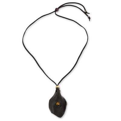 Men's tiger's eye and leather necklace, 'Thai Cowboy in Black' - Men's Black Leather Tiger's Eye Pendant Necklace