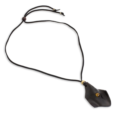 Men's tiger's eye and leather necklace, 'Thai Cowboy in Black' - Men's Black Leather Tiger's Eye Pendant Necklace