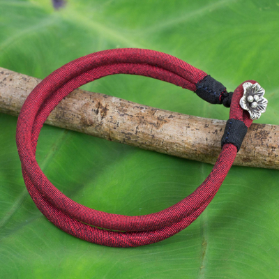Silver accent silk cord bracelet, 'Red Karen Blossom' - Artisan Crafted Red Silk Bracelet with Hill Tribe Silver
