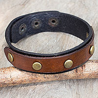 Leather wristband bracelet, 'Rustic Elements' - Brown and Black Leather Wristband Bracelet from Thailand