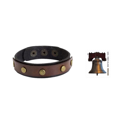 Leather wristband bracelet, 'Rustic Elements' - Brown and Black Leather Wristband Bracelet from Thailand