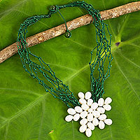 Cultured pearl flower pendant necklace, 'Blossoming Vine' - Cultured Pearl Flower Pendant Necklace on Green Cords